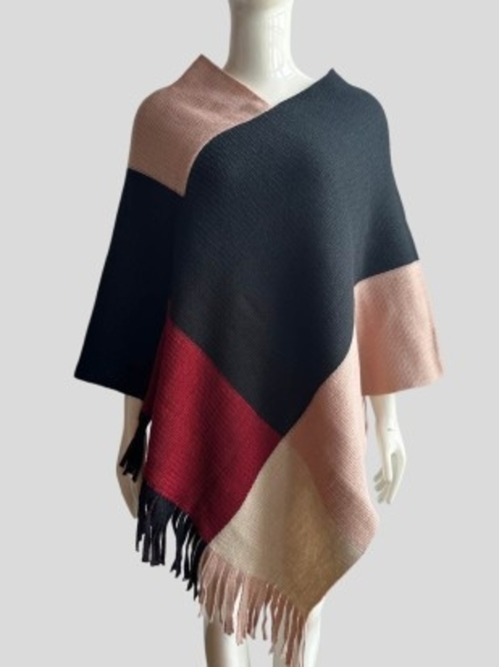 SHEIN Colorblock Fringe Poncho - Black, Pink & Burgundy